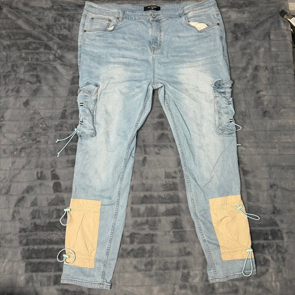 Serenade Cargo Jeans Mens 44 Light Blue Bungee Drawstring Contrast Panel Denim